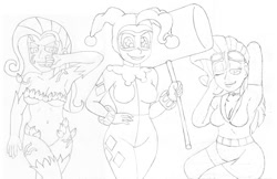 Size: 3130x2025 | Tagged: safe, artist:blackbewhite2k7, derpibooru import, fluttershy, pinkie pie, rarity, batman, catwoman, crossover, flutterbitch, harley quinn, humanized, mallet, parody, poison ivy, sketch, wip