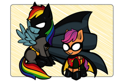 Size: 862x573 | Tagged: safe, artist:chiisai-suzume, derpibooru import, rainbow dash, scootaloo, pegasus, pony, batman, crossover, parody, robin