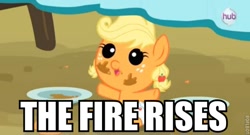 Size: 637x345 | Tagged: safe, derpibooru import, applejack, earth pony, pony, babyjack, bane, batman, image macro, meme, roflbot