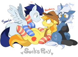 Size: 1280x930 | Tagged: safe, artist:oniku, braeburn, pokey pierce, soarin', blank flank, blushing, chubby, clothes, cute, gay, heart, male, nervous, on back, shipping, soarburn, socks, striped socks