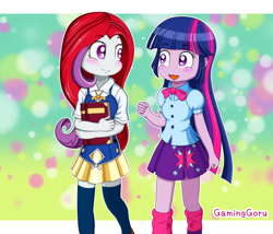 Size: 1500x1281 | Tagged: safe, artist:gaminggoru, idw, moondancer, moondancer (g1), twilight sparkle, twilight sparkle (alicorn), equestria girls, g1, blushing, book, equestria girls-ified, g1 to g4, generation leap, signature, zettai ryouiki