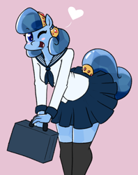 Size: 862x1091 | Tagged: safe, artist:whatsapokemon, oc, oc only, oc:heart song, anthro, crystal pony, anthro oc, blushing, briefcase, clothes, cute, female, heart, looking at you, mare, ocbetes, one eye closed, school uniform, simple background, smiling, solo, wink