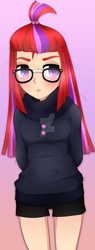 Size: 1024x2681 | Tagged: safe, artist:scarlet-spectrum, moondancer, human, clothes, deviantart watermark, glasses, humanized, obtrusive watermark, shorts, solo, watermark