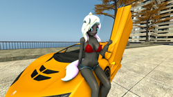 Size: 1920x1080 | Tagged: safe, artist:jojobibou, oc, oc only, oc:ice trio, anthro, earth pony, 3d, anthro 3d, anthro oc, bikini top, car, clothes, female, hypercar, mare, midriff, pegassi zentorno, shorts, solo, supercar