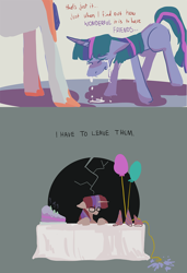 Size: 900x1316 | Tagged: safe, artist:stevetwisp, moondancer, princess celestia, twilight sparkle, unicorn twilight, alicorn, pony, unicorn, amending fences, friendship is magic, balloon, birthday cake, cake, crack, crying, eyes closed, feels, female, floppy ears, food, glasses, harsher in hindsight, hat, mare, party, party hat, quote, sad, simple background