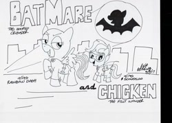 Size: 960x688 | Tagged: safe, artist:newportmuse, derpibooru import, rainbow dash, scootaloo, pegasus, pony, bat signal, batman, batman and robin, batmare, parody, robin, scootachicken, signature, wip