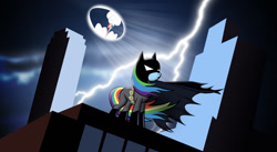 Size: 1439x791 | Tagged: safe, artist:dan232323, derpibooru import, rainbow dash, pegasus, pony, batman, batman the animated series, batmare, cape, clothes, cowl, female, mare, solo, utility belt