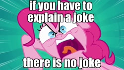 Size: 1280x720 | Tagged: safe, derpibooru import, edit, edited screencap, screencap, pinkie pie, earth pony, pony, pinkie pride, angry, batman, image macro, mad love, meme, pinkie joker, reaction image, solo, the joker