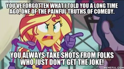 Size: 600x337 | Tagged: safe, screencap, sci-twi, sunset shimmer, twilight sparkle, equestria girls, friendship games, angry, batman, exploitable meme, image macro, mad love, meme, sunset yells at twilight, the joker, voice actor joke