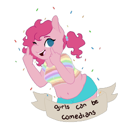 Size: 500x500 | Tagged: safe, artist:superdeathsquad, pinkie pie, anthro, belly button, chubby, confetti, feminist ponies, looking at you, middle finger, midriff, mouthpiece, no pupils, one eye closed, simple background, solo, subversive kawaii, transparent background, vulgar, wink