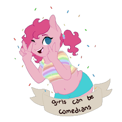 Size: 500x500 | Tagged: safe, artist:superdeathsquad, edit, pinkie pie, anthro, belly button, chubby, confetti, feminist ponies, looking at you, midriff, no pupils, one eye closed, peace sign, positive ponies, simple background, solo, transparent background, wink