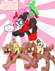 Size: 2757x3535 | Tagged: safe, artist:blackbewhite2k7, derpibooru import, gummy, pinkie pie, pound cake, pumpkin cake, earth pony, hyena, pony, ask, baby, baby pony, babysitting, batman, bud and lou, cake twins, harley quinn, irresponsible, race, riding, tumblr