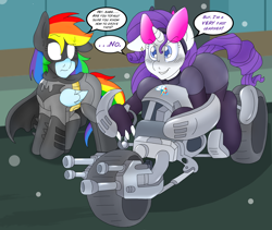 Size: 2400x2025 | Tagged: safe, artist:blackbewhite2k7, derpibooru import, rainbow dash, rarity, pegasus, pony, unicorn, batman, batmare, batpod, catwoman, crossover, dialogue, female, lesbian, motorcycle, raridash, shipping, snow, speech bubble, the dark knight rises