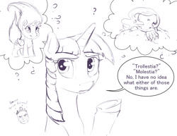 Size: 1280x989 | Tagged: safe, artist:silfoe, princess celestia, twilight sparkle, twilight sparkle (alicorn), alicorn, pony, batman, grayscale, mole, monochrome, princess batman, princess mole-stia, princess molestia, royal sketchbook, sketch, subversion, subverted meme, thought bubble, troll doll, troll dollestia, trollestia, trolls