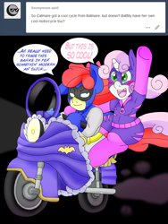 Size: 2252x3001 | Tagged: safe, artist:blackbewhite2k7, apple bloom, sweetie belle, annoyed, batgirl, batman, catgirl, crossover, excited, kitrina falcone, motorcycle, riding