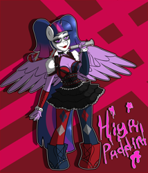 Size: 1024x1195 | Tagged: safe, artist:teacozy1, twilight sparkle, twilight sparkle (alicorn), alicorn, anthro, baseball bat, batman, clothes, crossover, dc comics, harley quinn, lipstick, skirt, solo, tara strong, voice actor joke