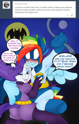 Size: 1652x2572 | Tagged: safe, artist:blackbewhite2k7, derpibooru import, rainbow blitz, rainbow dash, rarity, pegasus, pony, unicorn, armpits, ask, batman, blushing, carrying, catwoman, crossover, dialogue, female, half r63 shipping, hug, implied discord, lesbian, magic, male, midair, one eye closed, parody, rariblitz, raridash, rule 63, shipping, straight, swinging, tongue out, tumblr, winghug, wink