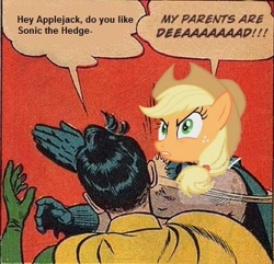 Size: 398x384 | Tagged: safe, derpibooru import, applejack, earth pony, pony, batman, meme, my parents are dead, robin, slap