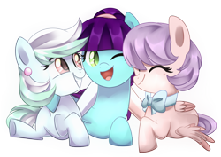 Size: 1024x726 | Tagged: safe, artist:slasharu, oc, oc only, earth pony, pegasus, pony, bowtie, eyes closed, female, mare, one eye closed, prone, simple background, smiling, transparent background, wink