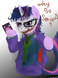 Size: 1936x2592 | Tagged: safe, artist:flowersimh, twilight sparkle, batman, crossover, so who's batman?, the dark knight, the joker, twijoker, why so serious?