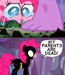 Size: 521x606 | Tagged: safe, derpibooru import, pinkie pie, spike, dragon, earth pony, pony, pony creator, the cutie map, batman, crying, female, male, my parents are dead, no pupils, offscreen character, open mouth, sad, speech bubble