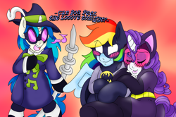 Size: 2422x1604 | Tagged: safe, artist:blackbewhite2k7, derpibooru import, dj pon-3, rainbow dash, rarity, vinyl scratch, pegasus, pony, unicorn, batman, batmare, blushing, clothes, costume, crossover, female, lesbian, music meister, parody, raridash, shipping, singing