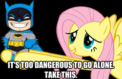 Size: 624x404 | Tagged: safe, derpibooru import, fluttershy, pegasus, pony, batman, chibi, image macro, it's dangerous to go alone, meme, obligatory pony, the legend of zelda