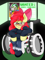 Size: 1585x2097 | Tagged: safe, artist:blackbewhite2k7, apple bloom, discord, barbara gordon, batman, clothes, computer, crossover, glasses, jokercord, older, oracle, the joker, the killing joke, wheelchair