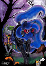 Size: 809x1152 | Tagged: safe, artist:cuckooparty, princess luna, batman, catwoman, clothes, cosplay, costume, nightmare night, royal guard, the joker