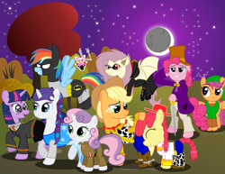 Size: 3300x2550 | Tagged: safe, artist:spellboundcanvas, derpibooru import, apple bloom, applejack, fluttershy, pinkie pie, rainbow dash, rarity, scootaloo, sweetie belle, twilight sparkle, unicorn twilight, bat pony, earth pony, pegasus, pony, undead, unicorn, vampire, vampony, alternate hairstyle, batman, belt, bipedal, boots, bowtie, braid, cane, clothes, confused, costume, cowboy boots, cowboy hat, crescent moon, crossover, cute, cutie mark crusaders, dc comics, disney, dracula, ear tufts, elsa, eye contact, eyes closed, fangs, female, filly, five nights at freddy's, five nights at freddy's 2, floating, flower, flower in hair, flutterbat, flying, freckles, frozen (movie), ghostbusters, glasses, grin, gryffindor, harry potter, hat, jessie (toy story), link, looking at each other, looking back, mane six, mangle, mare, moon, night, night sky, nightmare night, nightmare night costume, nintendo, peace sign, petting, pixar, queen elsarity, race swap, raised eyebrow, raised hoof, raised leg, red eyes, shoes, shyabates, shyabetes, skirt, smiling, smirk, spread wings, squee, stars, stetson, the legend of zelda, toy story, willy wonka, wings, woody