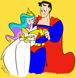 Size: 756x772 | Tagged: safe, artist:egophiliac, artist:flanaganisking, princess celestia, human, bedroom eyes, blushing, crossover, crossover shipping, dc comics, eyestrain warning, grin, humanized, needs more saturation, supelestia, superman, the crack otp to end all crack otps