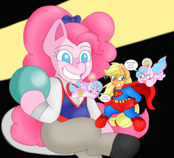 Size: 1592x1444 | Tagged: safe, artist:blackbewhite2k7, derpibooru import, applejack, pinkie pie, alicorn, earth pony, pony, :3, app-el, bipedal, black background, blush sticker, blushing, bomb, chibi, clothes, costume, crossover, doll, fight, flying, frown, glare, grin, gritted teeth, hoof hold, my wings are so pretty, open mouth, parody, pinklestia, simple background, smiling, smirk, spread wings, superman, supermare, toyman, wide eyes, wings