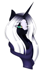 Size: 2000x3000 | Tagged: safe, artist:minelvi, oc, oc only, oc:black widow, pony, unicorn, bust, clothes, female, high res, mare, portrait, scarf, simple background, solo, transparent background