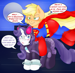 Size: 1860x1825 | Tagged: safe, artist:blackbewhite2k7, derpibooru import, applejack, rarity, earth pony, pony, unicorn, app-el, arrested, carrying, catmare, catwoman, crossover, flying, hand cuffs, superhero, superman, supermare