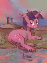 Size: 960x1280 | Tagged: safe, artist:spectralunicorn, twilight sparkle, classical unicorn, unicorn, chubby, female, floppy ears, leonine tail, lying, mare, solo, unshorn fetlocks, water