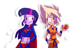 Size: 1740x1116 | Tagged: safe, artist:fj-c, applejack, twilight sparkle, equestria girls, belly button, cosplay, dc comics, dragon ball z, goku, humanized, midriff, superman