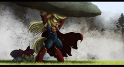 Size: 2500x1353 | Tagged: safe, artist:ncmares, derpibooru import, apple bloom, applejack, sweetie belle, earth pony, pony, app-el, badass, bipedal, carrying, cowering, crying, floppy ears, glare, hilarious in hindsight, lifting, messy mane, one eye closed, open mouth, prone, rock, strong, stronk, superman, supermare, wide eyes, wink