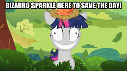 Size: 625x351 | Tagged: safe, edit, screencap, twilight sparkle, lesson zero, bizarro, image macro, solo, superman, twilight snapple