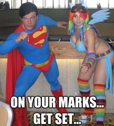 Size: 623x688 | Tagged: safe, derpibooru import, rainbow dash, human, breasts, cosplay, image macro, irl, irl human, photo, superman, wat