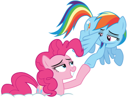 Size: 3878x3001 | Tagged: safe, artist:cloudyglow, pinkie pie, rainbow dash, earth pony, pegasus, pony, party pooped, .ai available, bedroom eyes, duo, flying, hoofbump, lidded eyes, looking at each other, simple background, smiling, transparent background, vector