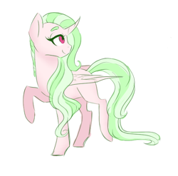 Size: 572x566 | Tagged: safe, artist:kittii-kat, oc, oc only, alicorn, pony, curved horn, female, mare, raised hoof, simple background, solo, white background