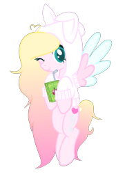 Size: 776x1152 | Tagged: safe, artist:little903, oc, oc only, oc:sunshine sprinkles, pegasus, pony, bunny ears, clothes, female, flying, hoodie, juice, juice box, mare, one eye closed, simple background, solo, transparent background, wink