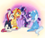 Size: 2300x2000 | Tagged: safe, artist:silbersternenlicht, moondancer, starlight glimmer, sunset shimmer, trixie, twilight sparkle, twilight sparkle (alicorn), alicorn, pony, unicorn, abstract background, counterparts, cute, dancerbetes, diatrixes, female, frown, glimmerbetes, hilarious in hindsight, hug, magical quintet, mare, raised hoof, shimmerbetes, sitting, smiling, spread wings, sweet dreams fuel, twiabetes, twilight's counterparts, underhoof, unicorn master race, winghug