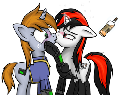 Size: 1302x1020 | Tagged: safe, artist:wellfugzee, derpibooru exclusive, oc, oc only, oc:blackjack, oc:littlepip, cyborg, pony, unicorn, fallout equestria, fallout equestria: project horizons, alcohol, blushing, bottle, clothes, drunk, drunk bubbles, fanfic, fanfic art, female, floppy ears, glowing horn, hooves, horn, kissing, lesbian, levitation, magic, mare, pipbuck, raised hoof, shipping, simple background, skunk stripe, surprise kiss, telekinesis, transparent background, vault suit, whiskey, wide eyes, wild pegasus