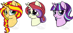 Size: 900x419 | Tagged: safe, artist:tambelon, moondancer, starlight glimmer, sunset shimmer, pony, unicorn, alternate hairstyle, cute, dancerbetes, female, glasses, glimmerbetes, looking at you, magical trio, mare, shimmerbetes, smiling, watermark