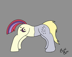 Size: 1280x1024 | Tagged: safe, artist:facade, derpy hooves, moondancer, oc, oc:butt-butt, pegasus, pony, ask the poniz, buttpony, conjoined, female, fusion, gray background, hilarious in hindsight, mare, moonderper, simple background