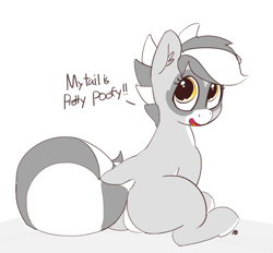 Size: 1280x1186 | Tagged: safe, artist:pabbley, oc, oc only, oc:bandy cyoot, ask, cute, dialogue, looking back, plot, puffy tail, simple background, sitting, solo, tumblr, white background