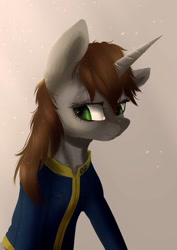 Size: 904x1280 | Tagged: dead source, safe, artist:vincher, oc, oc only, oc:littlepip, pony, unicorn, fallout equestria, clothes, fanfic, fanfic art, female, gradient background, horn, mare, messy mane, solo, vault suit