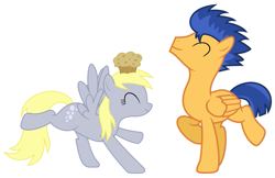 Size: 931x605 | Tagged: artist needed, source needed, safe, artist:darknisfan1995, edit, derpy hooves, flash sentry, pegasus, pony, best friends, cute, dancing, derpabetes, diasentres, eyes closed, food, muffin, simple background, vector, white background