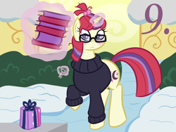 Size: 800x600 | Tagged: safe, artist:mod-named-carot, moondancer, blushing, book, glasses, present, snow, solo, winter